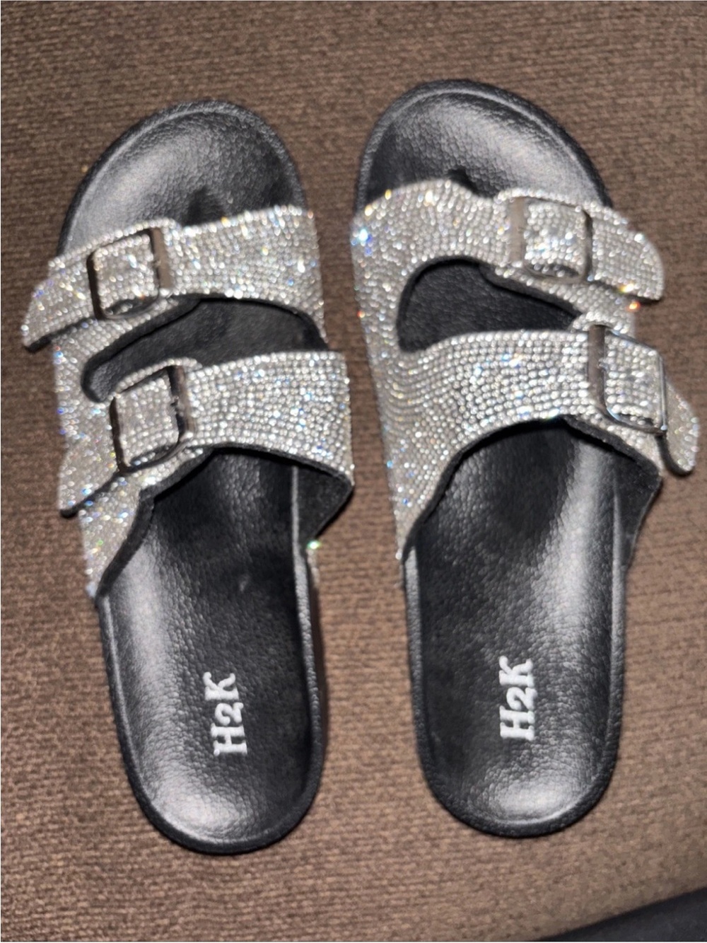H2K Women's Silver Crystal Double-Buckle Slide Sandals Size 10